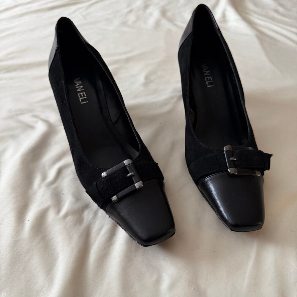 Vtg Y2K 2000s Black Buckle Block Heel Sz 8 Office Siren Academia